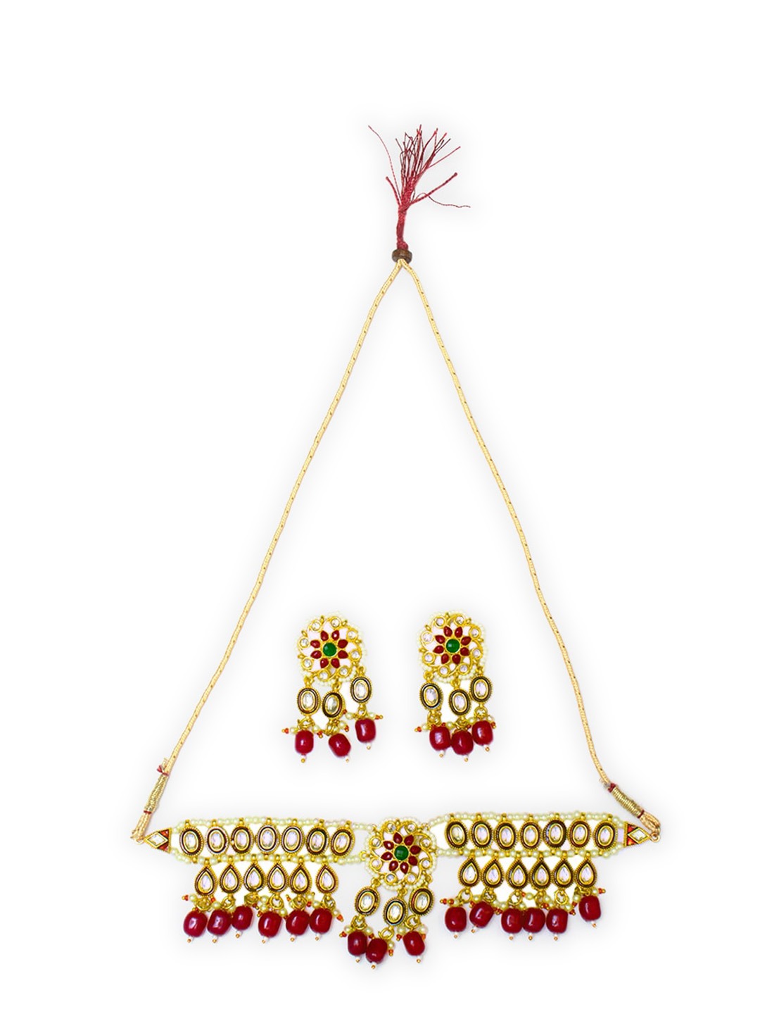 Women's Gold-Plated Red & White Kundan Stone-Studded Jewellery Set