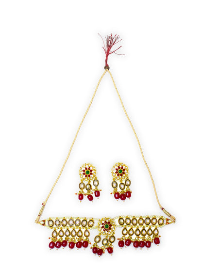 Women's Gold-Plated Red & White Kundan Stone-Studded Jewellery Set