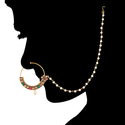 Gold Plated Nose Ring Multicolor Kundan With Pearl Chain By