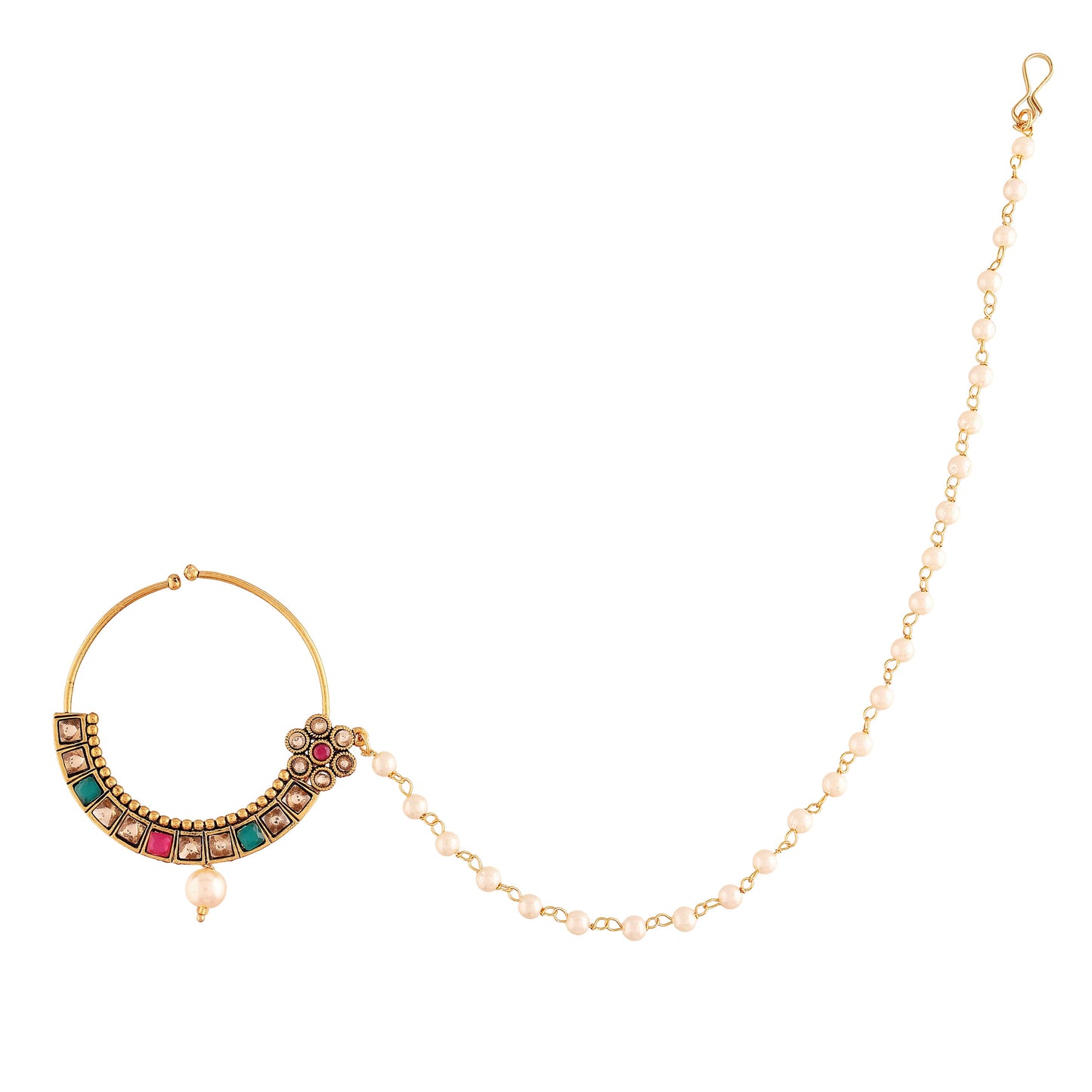 Gold Plated Nose Ring Multicolor Kundan With Pearl Chain By