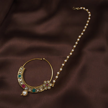 Gold Plated Nose Ring Multicolor Kundan With Pearl Chain By