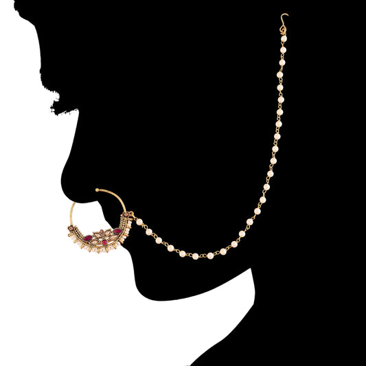 Gold Plated Ruby Kundan Nose Ring With Pearl Chain By