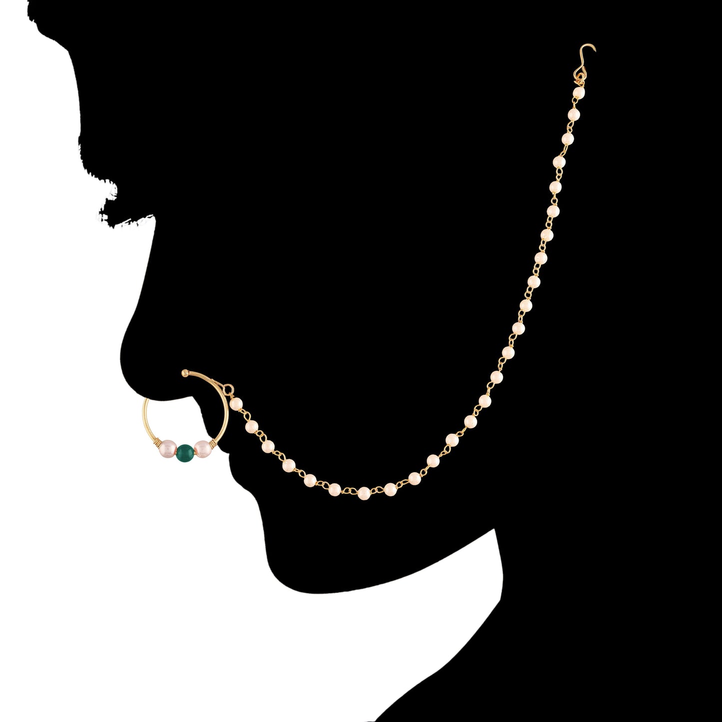 Gold Plated Green Kundan Nose Ring With Pearl Chain By