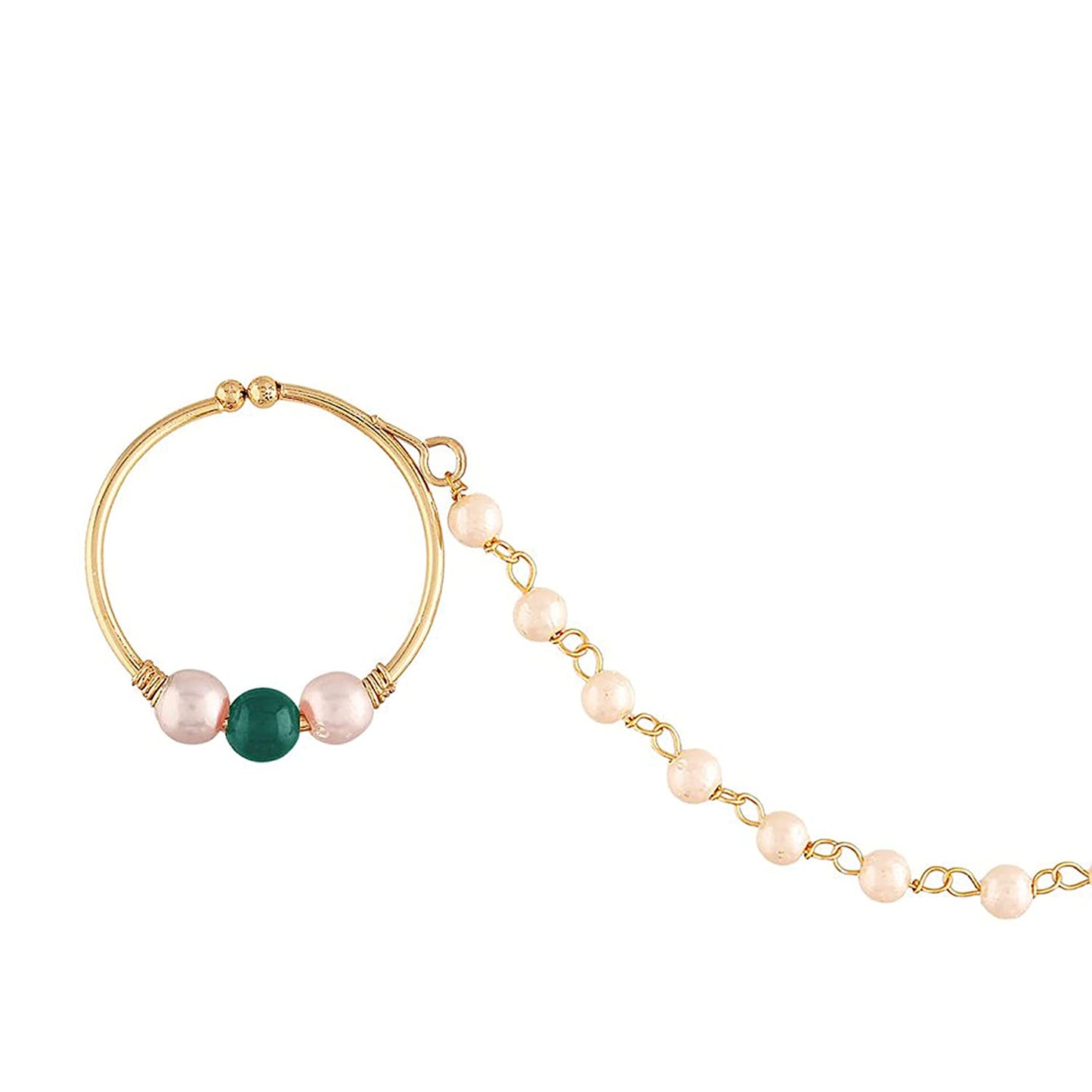 Gold Plated Green Kundan Nose Ring With Pearl Chain By