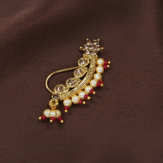 Nose Pin Marathi Style Gold Finish With Pearls By