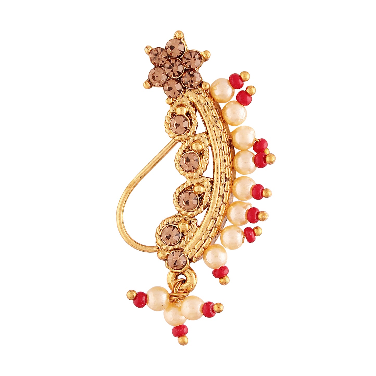 Nose Pin Marathi Style Gold Finish With Pearls By