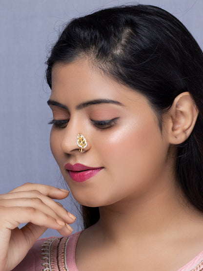 Gold-Plated Kundan & Pearl Embellished Nose Pin