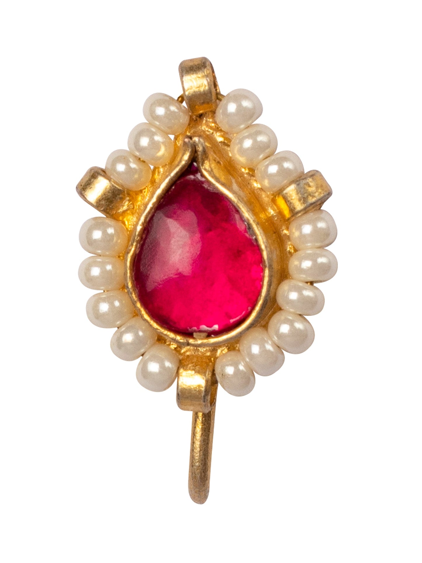 Pink Kundan & Pearl Nose Pin Without Piercing