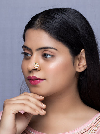 Kundan & Pearl Embellished Nose Pin Without Piercing