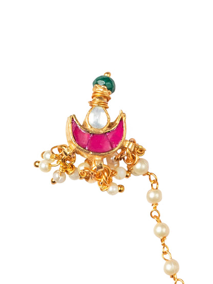 Women's Gold-plated Off-White & Pink Pachi Kundan-Studded & Beaded Chained Nose Ring