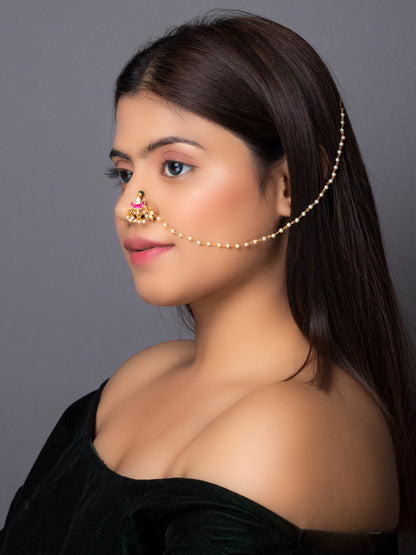 Women's Gold-plated Off-White & Pink Pachi Kundan-Studded & Beaded Chained Nose Ring