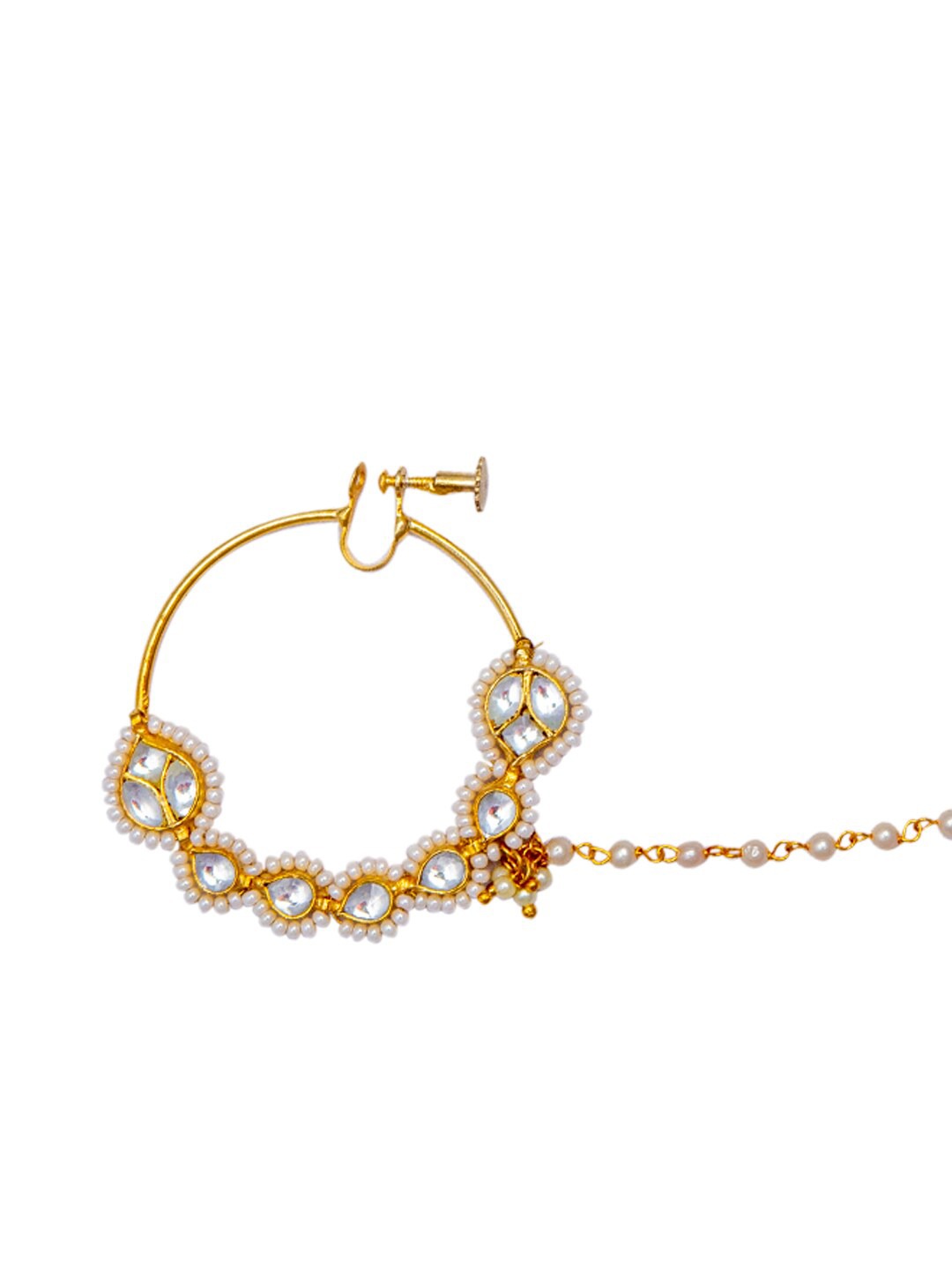 Women's Gold-Plated & Off-White Kundan-Studded Chained Nose Ring