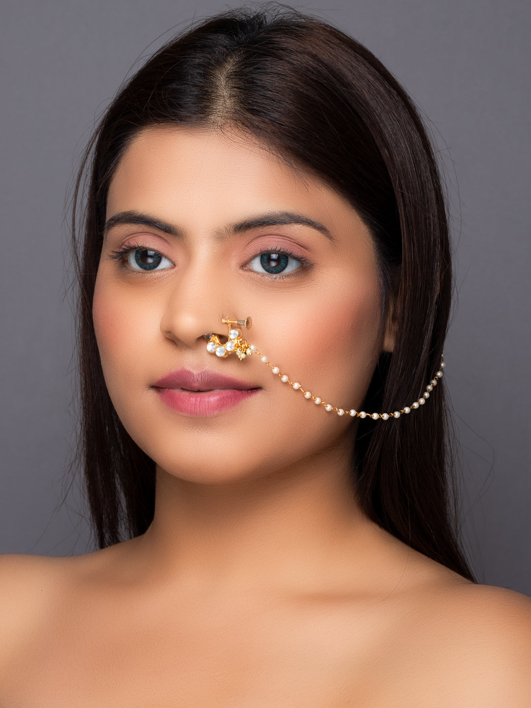 Women's Gold-plated Off-White Pachi Kundan-Studded & Beaded Chained Nose Ring