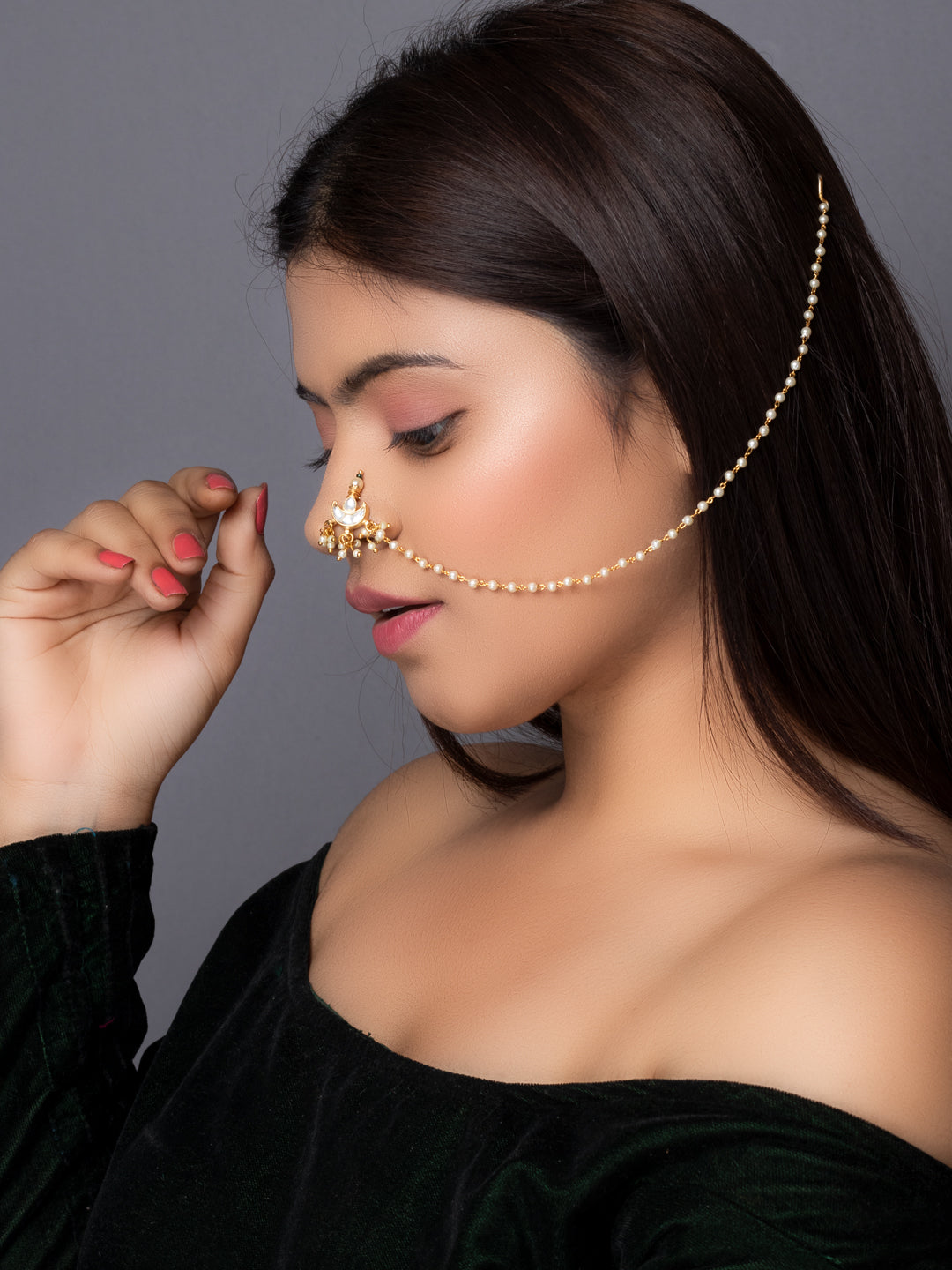 Women's Gold-plated Off-White Pachi Kundan-Studded & Beaded Chained Nose Ring