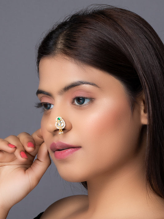 Gold Plated Kundan & Pearl Nose Pin For Women