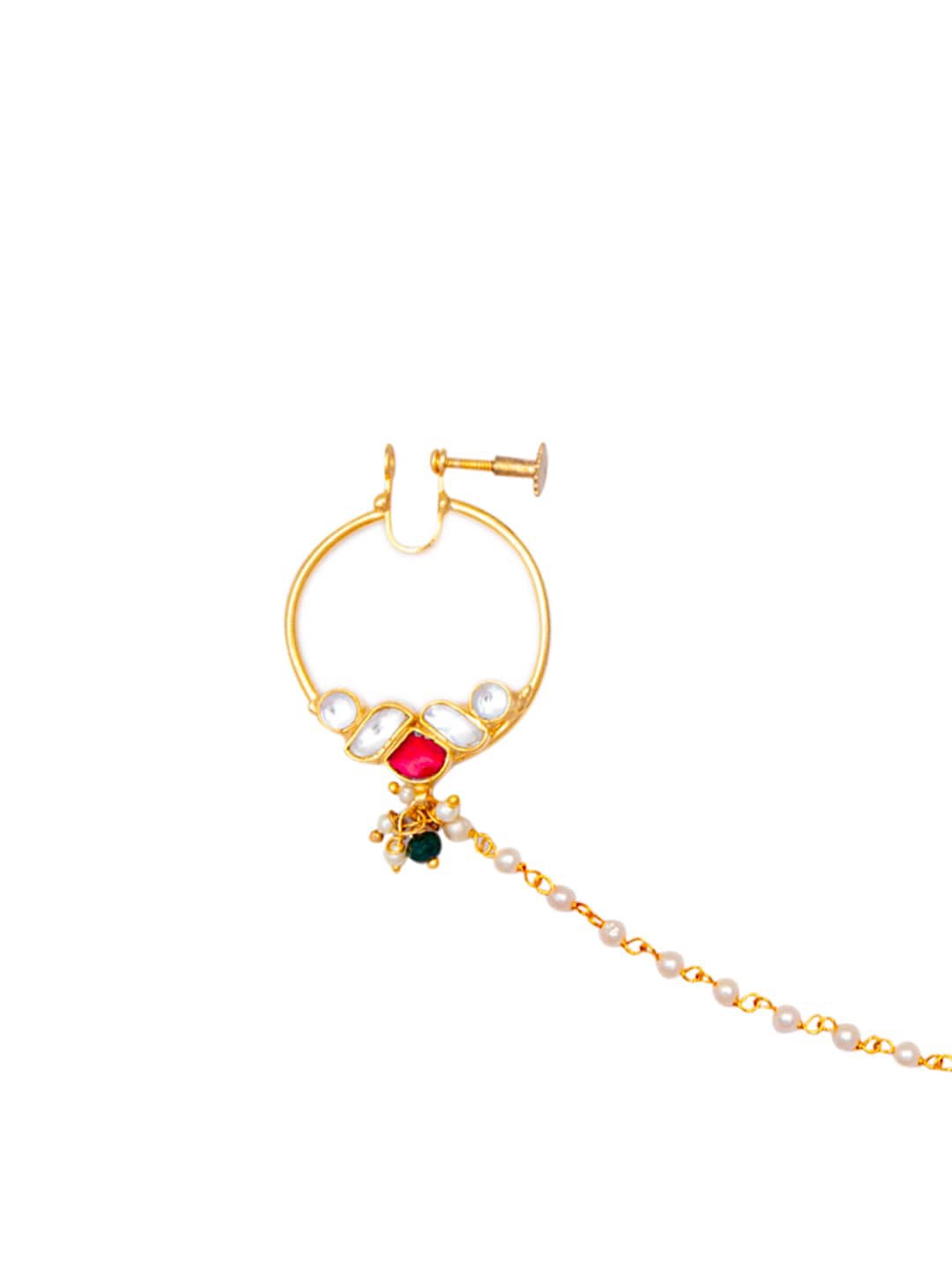 Women's Gold-Plated White & Red Kundan-Studded Beaded Handcrafted Nose Ring With Chain