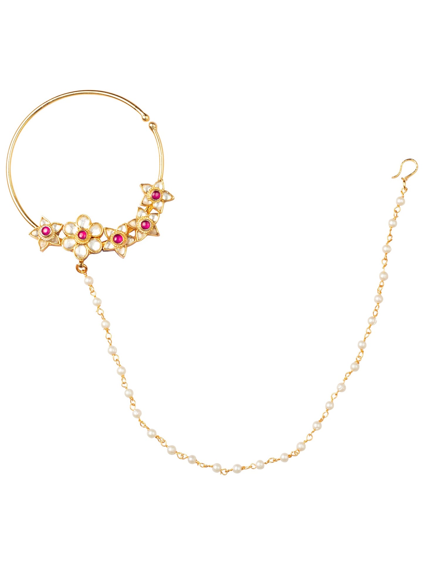 Women's 24K Gold-Plated Pink & White Pacchi Kundan Studded Pearl Beaded Chain Nose Ring