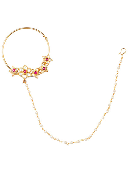 Women's 24K Gold-Plated Pink & White Pacchi Kundan Studded Pearl Beaded Chain Nose Ring