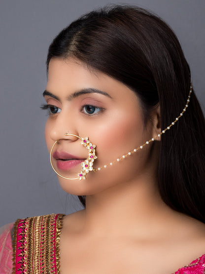 Women's 24K Gold-Plated Pink & White Pacchi Kundan Studded Pearl Beaded Chain Nose Ring