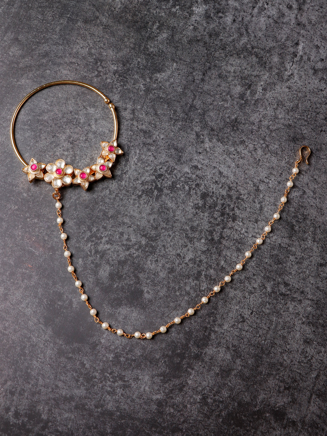 Women's 24K Gold-Plated Pink & White Pacchi Kundan Studded Pearl Beaded Chain Nose Ring