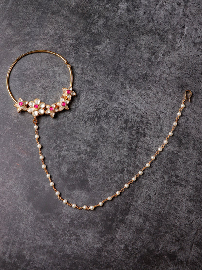 Women's 24K Gold-Plated Pink & White Pacchi Kundan Studded Pearl Beaded Chain Nose Ring