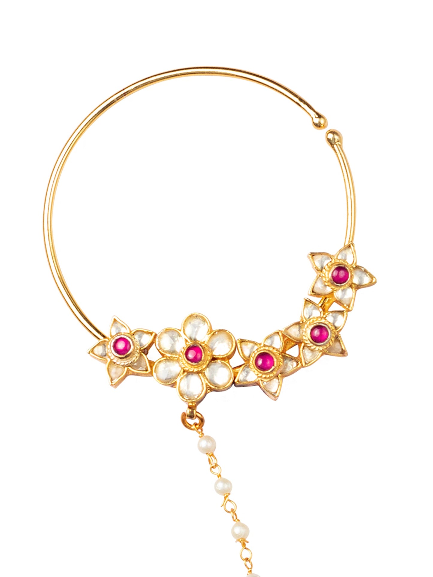 Women's 24K Gold-Plated Pink & White Pacchi Kundan Studded Pearl Beaded Chain Nose Ring