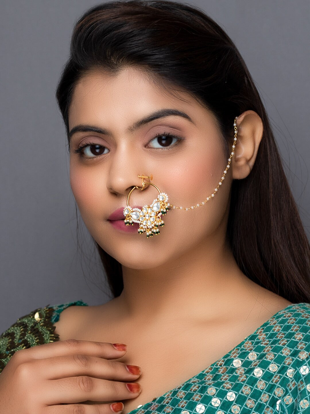 24K Gold Plated Kundan Studded Nose Ring Nath