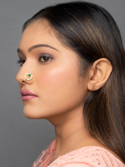 Women's Nose Pin White & Green Kundan