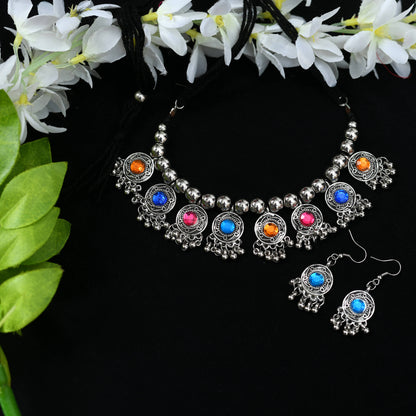 Silver-Plated Multi Color Necklace with Earrings Jkms_066