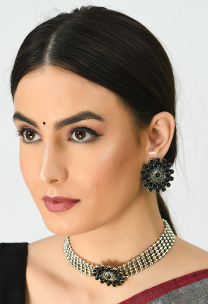 Oxidised Silver-Plated Black Color Chokar Necklace with Earrings Jkms_137