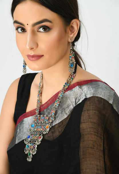 Silver-Plated Multi Color Kundan Necklace with Earrings Jkms_109