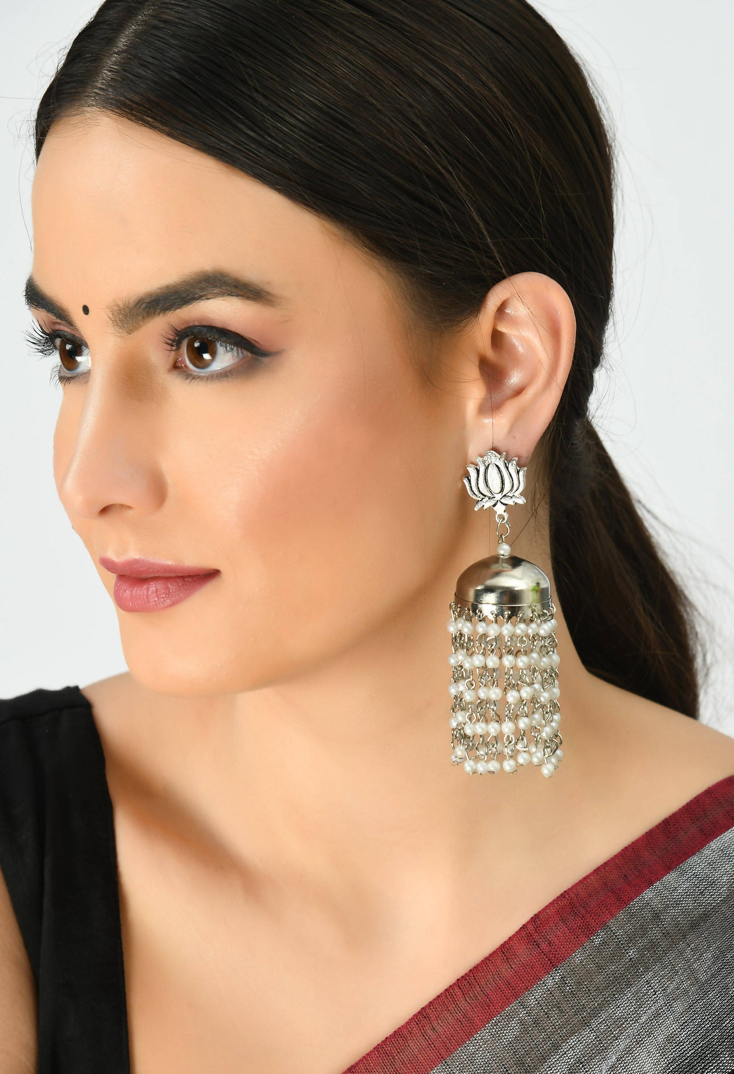 Silver-Plated Lotus design Earrings with Pearls Jhumkas Jker_077