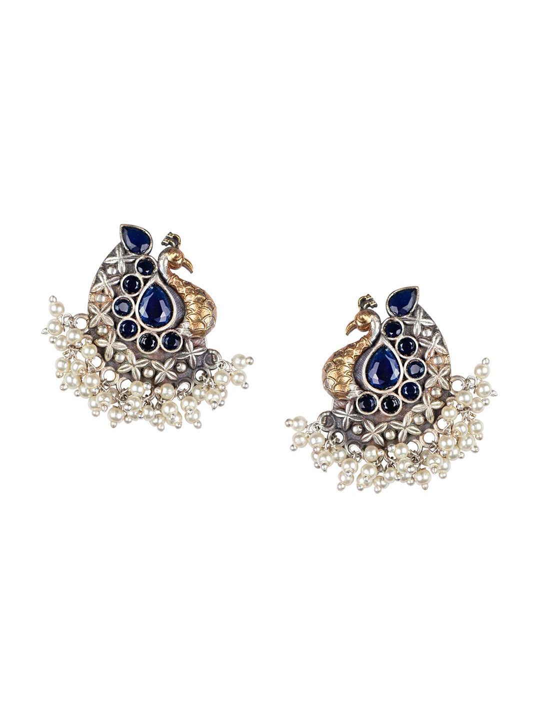 Women's Blue Silver Plated & Gold Plated Peacock Shaped Drop Earrings