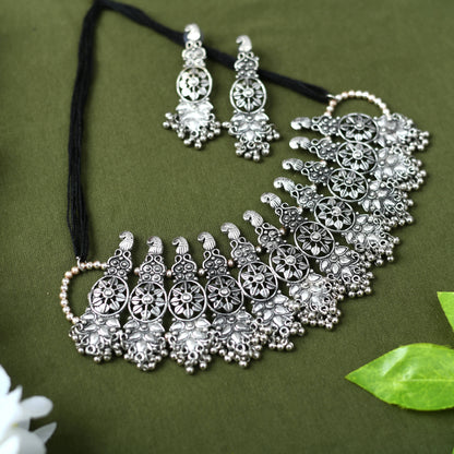 Silver-Plated Oxidised Necklace & Earrings Jkms_107