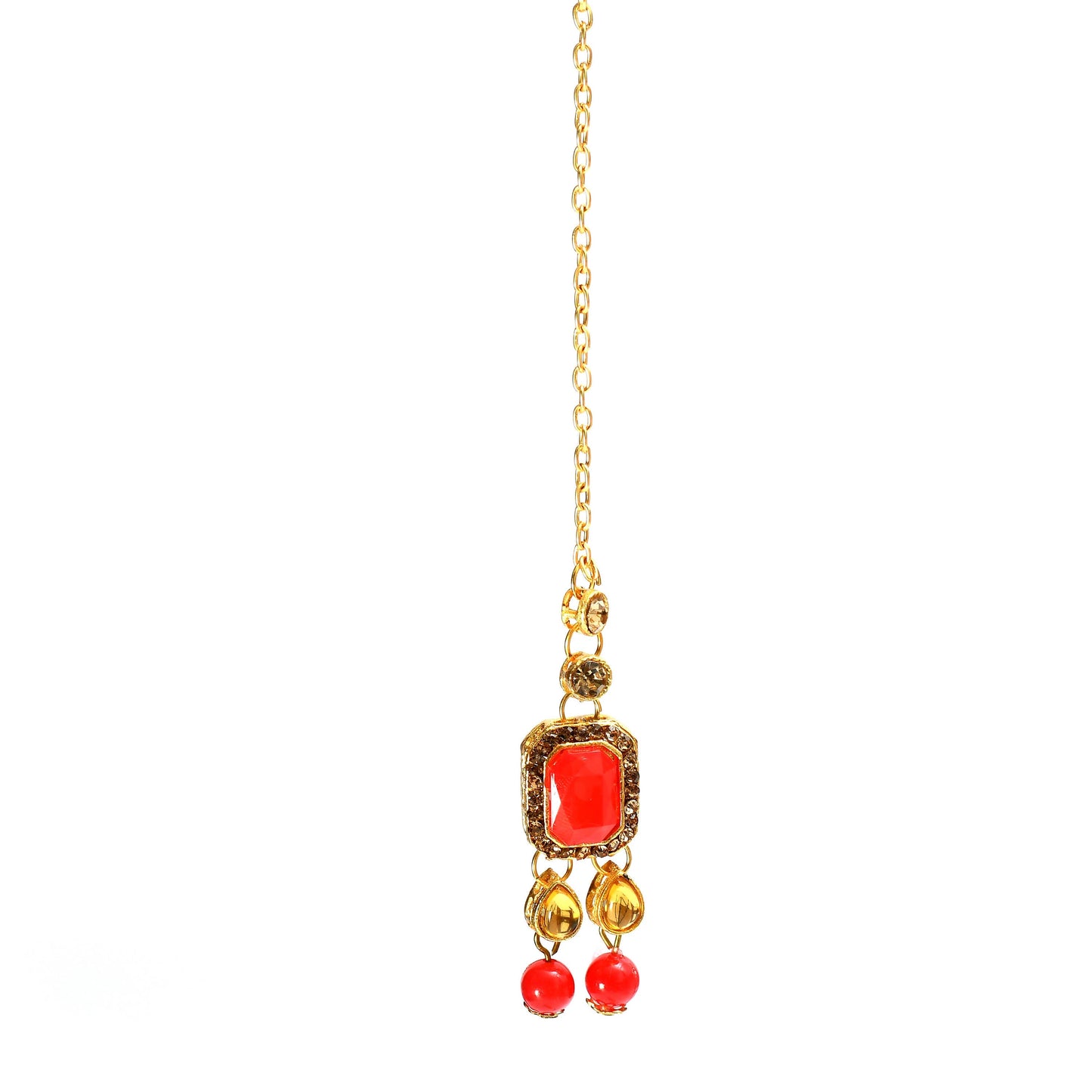 Gold-Plated Red Color Stone & Pearls Necklace with Earrings ,Tikka Jkms_125