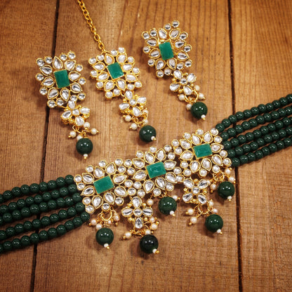 Women's Gold Plated Green Pearl & Kundan Studded Choker Necklace Set with Earrings & Maang Tikka