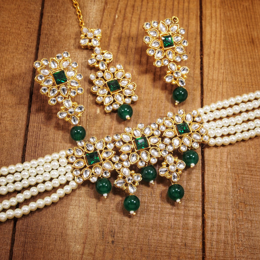 Women's Gold Plated White & Green Pearl & Kundan Studded Choker Necklace Set with Earrings & Maang Tikka