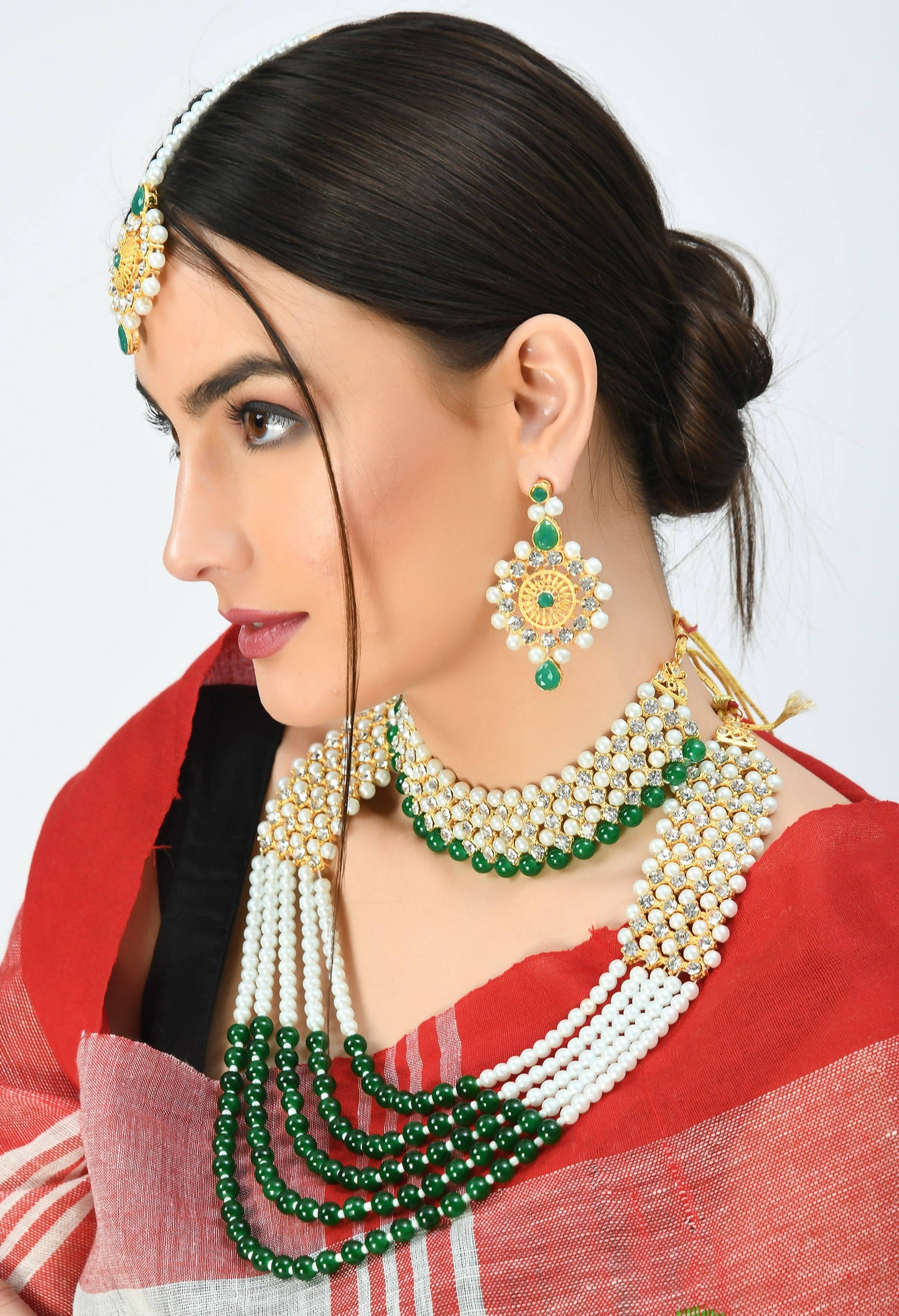 Gold-Plated Rani Haar with Green and Off white Pearls Jewellery Set Jkms_031