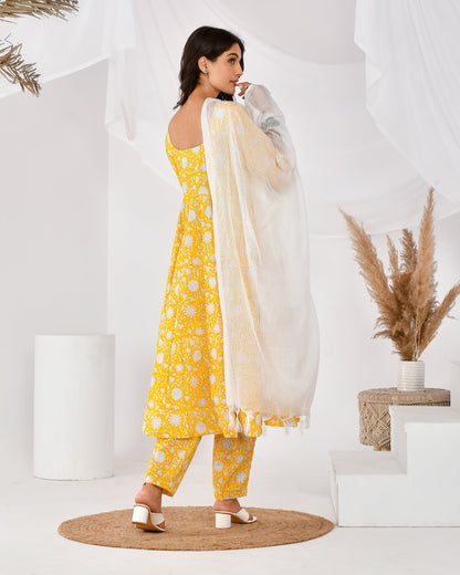 Women's yellow printed anarkali set