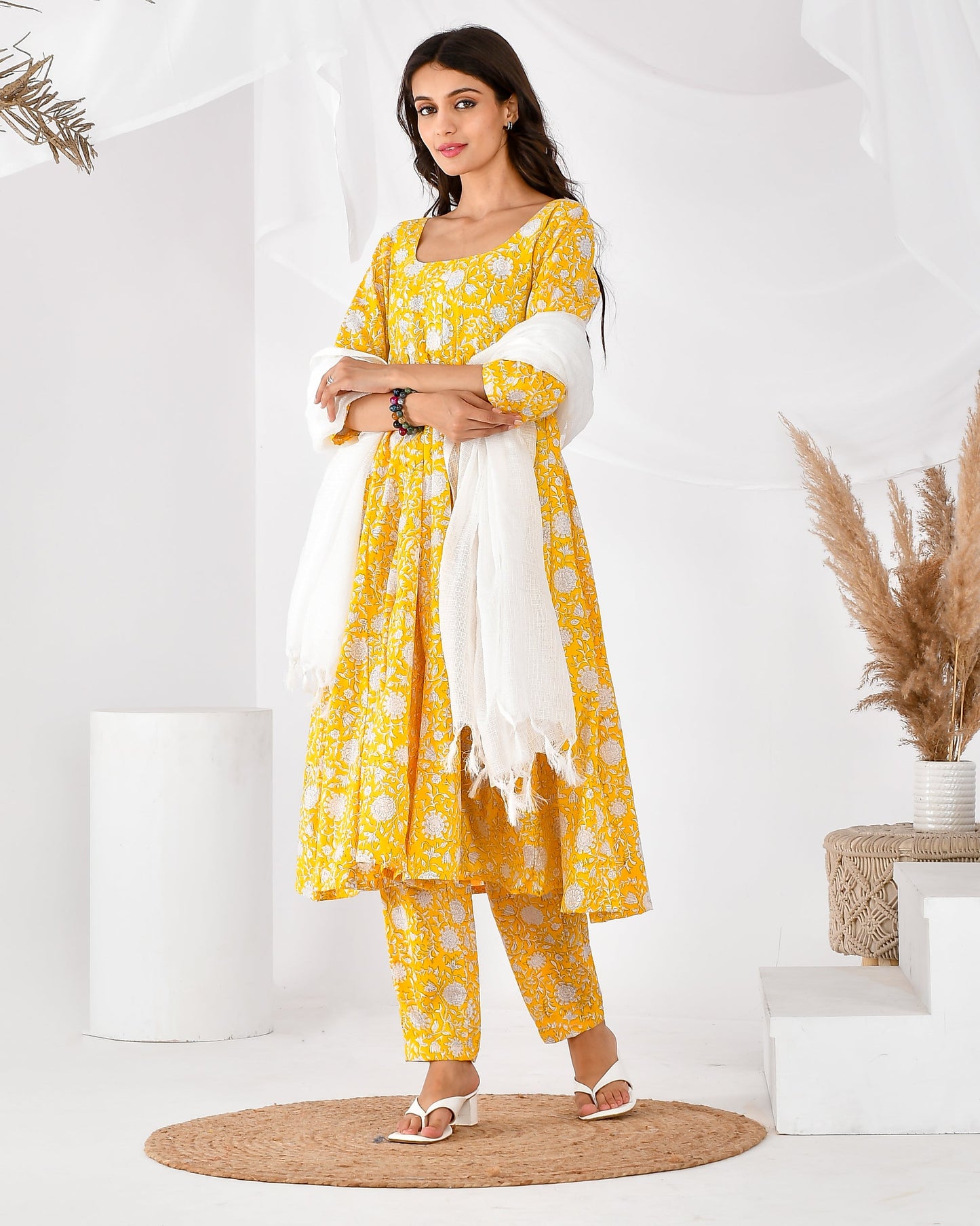 Women's yellow printed anarkali set