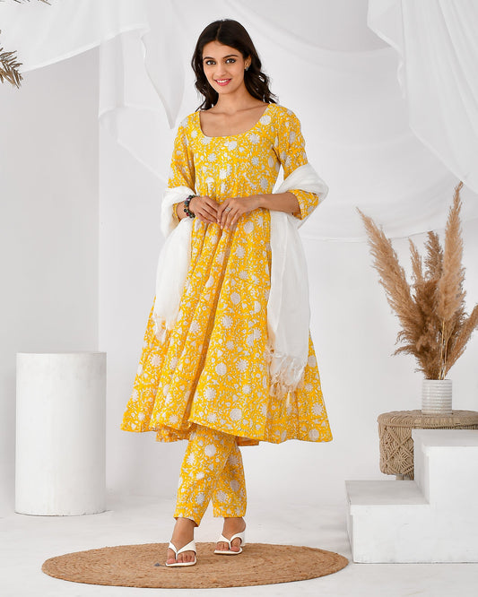 Women's yellow printed anarkali set