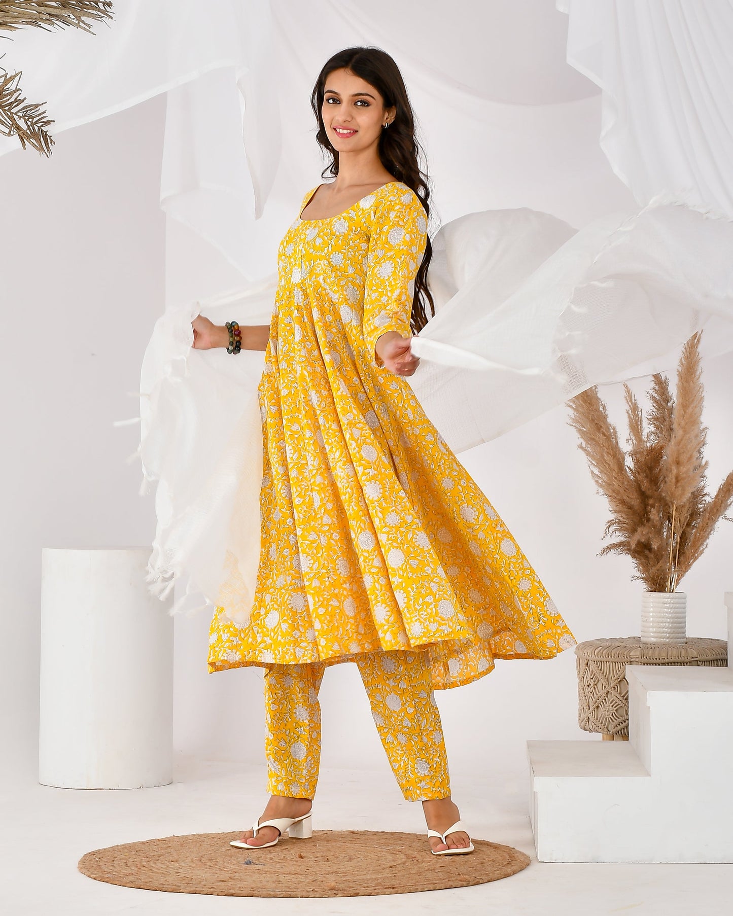 Women's yellow printed anarkali set