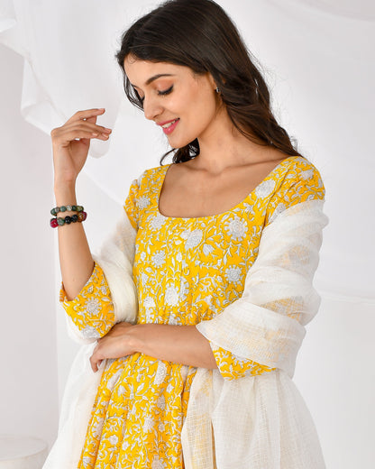 Women's yellow printed anarkali set