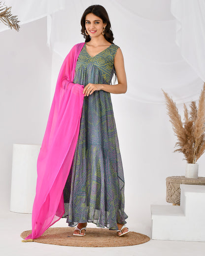 Women's GREY PINK BANDHANI SET