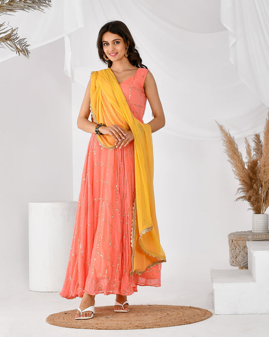 Women's Peach check anarkali set