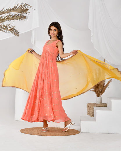 Women's Peach check anarkali set