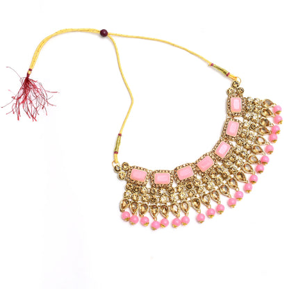 Gold-Plated Stone & Pearls Baby Pink Necklace Set Mangalsutra Jkms_072