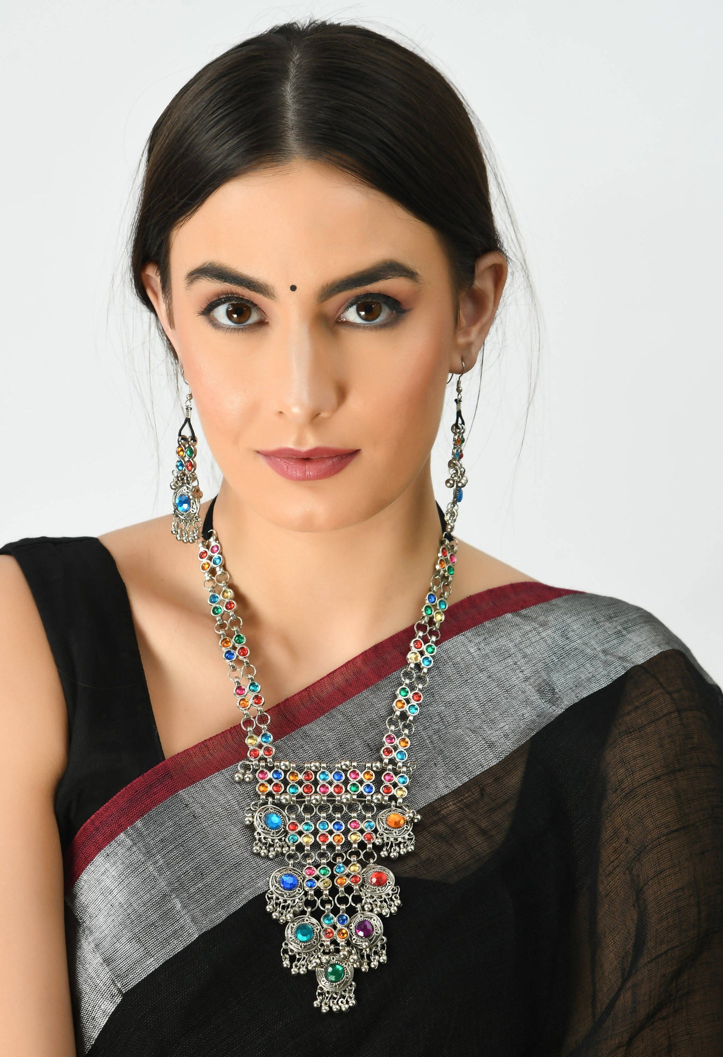 Silver-Plated Multi Color Kundan Necklace with Earrings Jkms_109