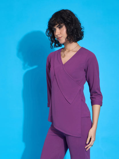 Women's Purple Wrap Neck Asymmetric Top