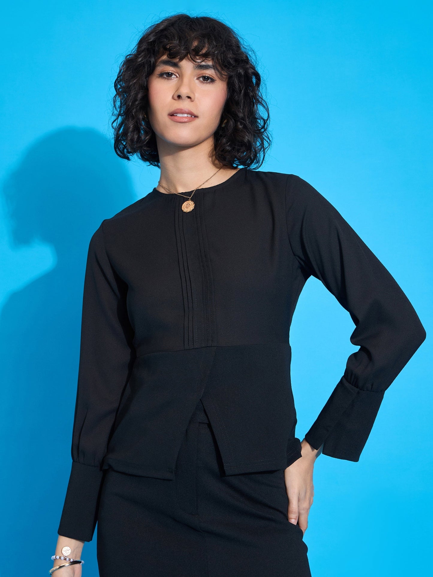 Women's Black Pin Tuck Peplum Top